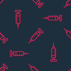 Red line Syringe icon isolated seamless pattern on black background. Syringe for vaccine, vaccination, injection, flu shot. Medical equipment. Vector