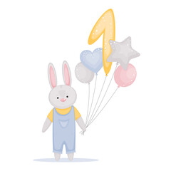 Vector illustration with cute little hare,  balloons, digit one. Birthday child greeting card, banner or poster.