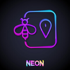 Glowing neon line Bee location map pin pointer icon isolated on black background. Farm animal map pointer. Vector