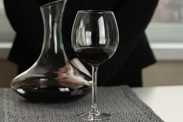 wine decantation process of oxygenation, aeration, cleaning from sediment at the bottom
