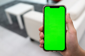 Hand in modern living room via smart home on mobile phone with blank green screen. High quality photo