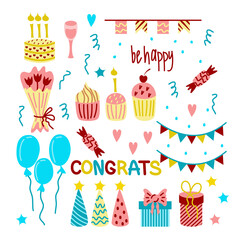 A set of bright objects for a birthday, a holiday. Cupcakes, flowers, balloons, candies and more. Vector illustration.