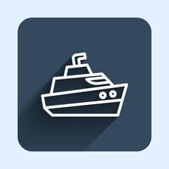 White line Speedboat icon isolated with long shadow background. Blue square button. Vector