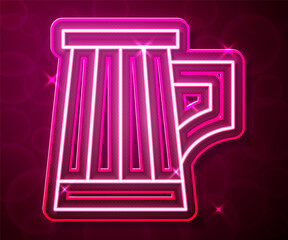 Glowing neon line Wooden beer mug icon isolated on red background. Vector