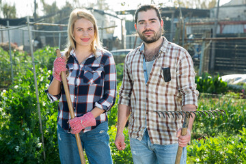 Positive couple of male and female farmers working in garden using rake and hoe