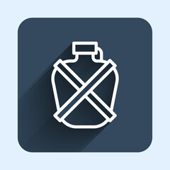 White line Canteen water bottle icon isolated with long shadow background. Tourist flask icon. Jar of water use in the campaign. Blue square button. Vector
