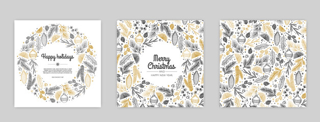 Merry Christmas artistic templates. Corporate Holiday cards and invitations. Floral frames and backgrounds design.