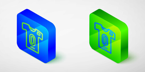 Isometric line Football jersey and t-shirt icon isolated on grey background. Blue and green square button. Vector
