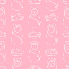 Seamless Pattern Baby Girl. Outline white on pink. Vector illustration for wallpaper, background