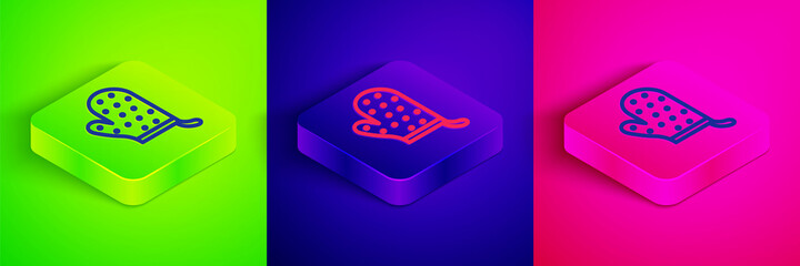 Isometric line Oven glove icon isolated on green, blue and pink background. Kitchen potholder sign. Cooking glove. Square button. Vector