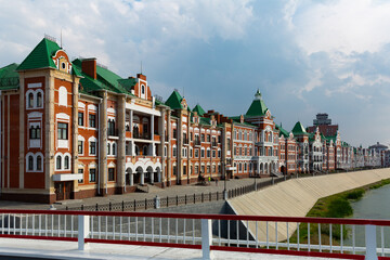 View of Brugge Embankment in Yoshkar-Ola and Malaya Kokshaga River, which runs through the city.