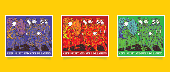 Fototapeta na wymiar Combination of poster templates. illustration of a group of people fighting for the future and achieving their dreams, with three different color variants