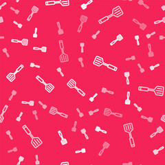 White line Spatula icon isolated seamless pattern on red background. Kitchen spatula icon. BBQ spatula sign. Barbecue and grill tool. Vector