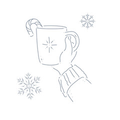 Woman hand in sweater holding cup with hot beverage and candy cane, snowflakes isolated. Line art hand drawn vector illustration. For Christmas cards, packaging, congratulation.
