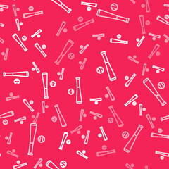 White line Baseball bat with ball icon isolated seamless pattern on red background. Vector