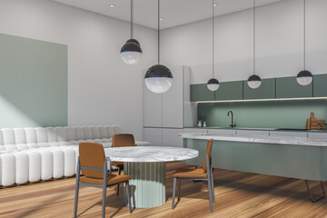 Corner view on bright kitchen room interior with bar counter