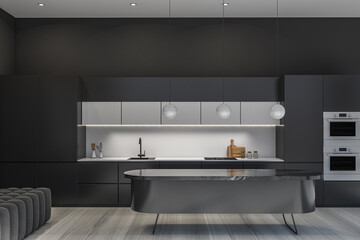 Minimalist grey kitchen with oval table