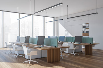 Panoramic office with white and green working area. Corner view