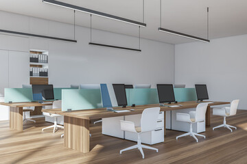 Office with white and green working area. Corner view.