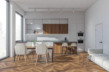 Light kitchen set interior with dining table and chairs, shelf with kitchenware