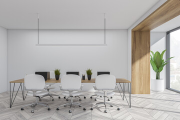 White and wood balcony office with collaboration table