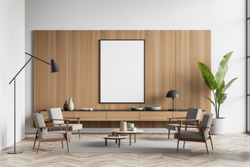 Light guest room interior with armchairs and coffee table, mockup poster