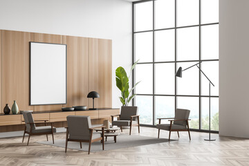 Light guest room interior with armchairs and panoramic window, mockup poster