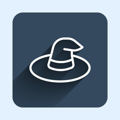 White line Witch hat icon isolated with long shadow background. Happy Halloween party. Blue square button. Vector