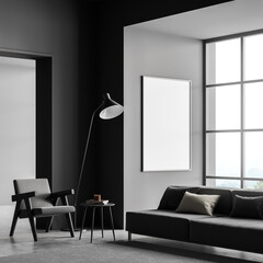 Dark grey living room with canvas in window niche. Corner view.