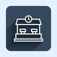 White line Railway station icon isolated with long shadow background. Blue square button. Vector