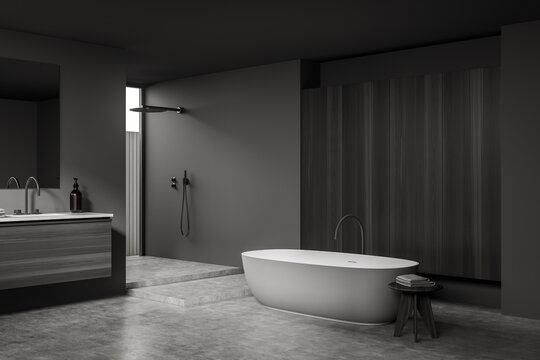 Dark bathroom interior with sink and mirror, tub and douche