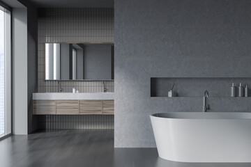 Naklejka na ściany i meble Grey bathroom interior with bathtub and two sinks, window