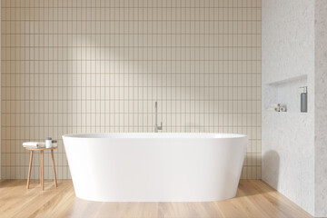 Fototapeta na wymiar Light bathroom interior with bathtub on parquet floor, table with gels