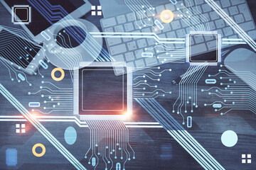 Double exposure of technology theme drawing over work table desktop. Top view. Global data analysis concept.