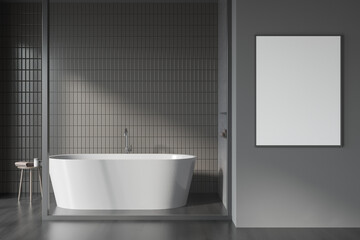 Naklejka na ściany i meble Grey bathroom interior with bathtub on black parquet floor. Mockup poster