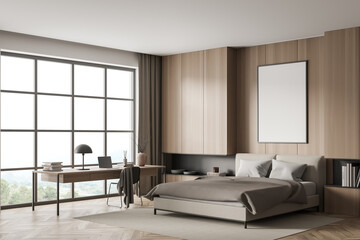 Wall mockup in beige and wood bedroom. Corner view.
