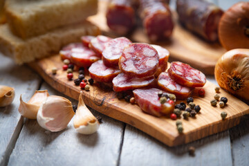 Slices of cured meat sausage