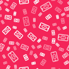 White line Smartphone and playing in game icon isolated seamless pattern on red background. Mobile gaming concept. Vector