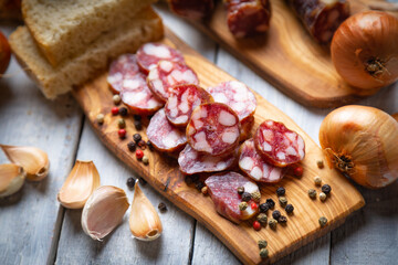 Slices of cured meat sausage