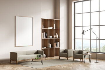 Beige guest room interior with armchairs and sofa, bookshelf and mockup poster