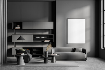 Grey living room interior with sofa, armchair and shelf, mockup poster