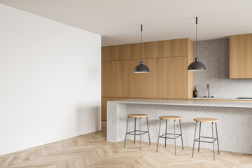 Light kitchen set interior with table and three seats, kitchenware and mockup