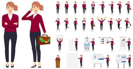 Businesswoman character set wearing business outfit with different set of pose doing different actions with podium presentation board graph chart and posing isolated