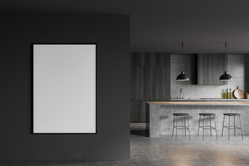 Grey kitchen interior with three chairs on concrete floor, mock up poster