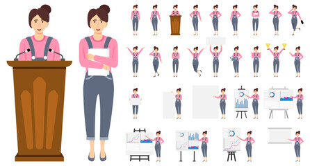 Cute businesswoman character wearing business outfit with different set of pose doing different actions with podium presentation board graph chart