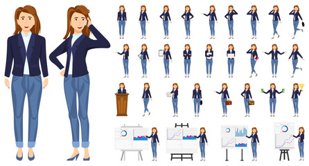Cute businesswoman character wearing business outfit with different set of pose doing different actions with podium presentation board graph chart and posing