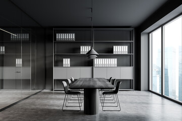 Grey business room interior with chairs, table and shelf on concrete floor