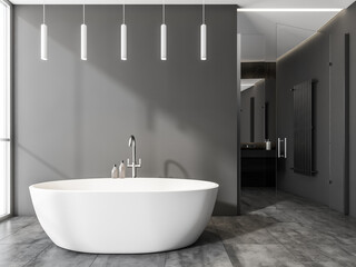 Naklejka na ściany i meble Modern white bathtub in grey bathroom with vanity on background