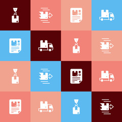 Set pop art Crane with cardboard box, Carton, Waybill and Delivery cargo truck icon. Vector