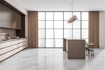 Bright kitchen room interior with brown bar counter, panoramic window